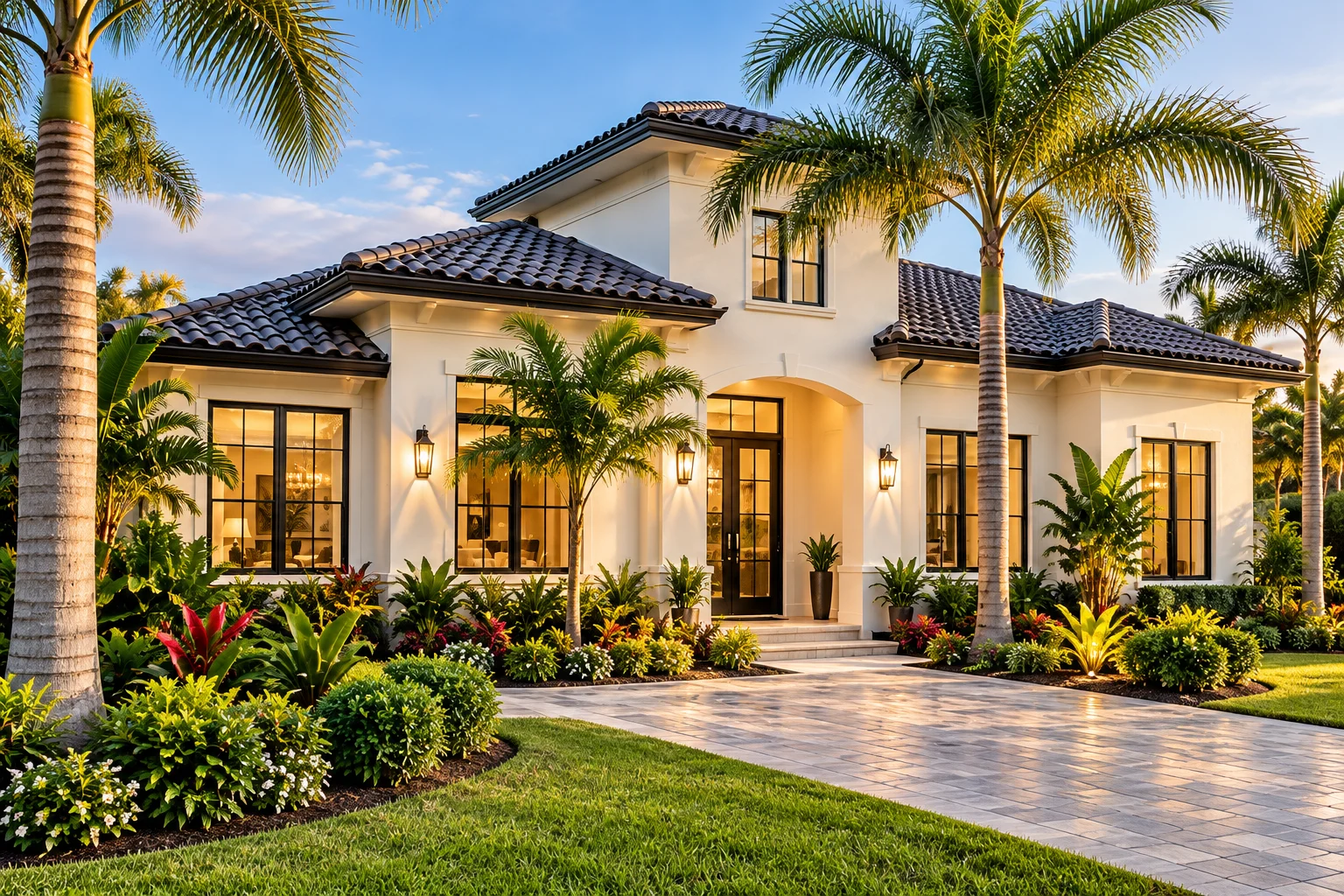 Fachada ilustrativa de casa en Florida con palmeras y acabado marfil