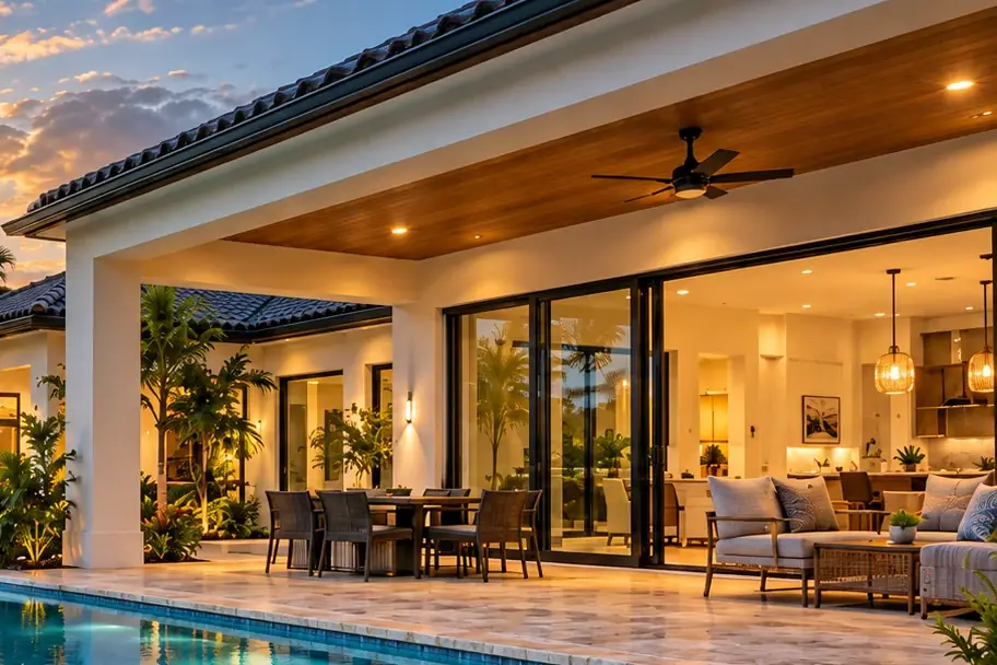 Patio techado ilustrativo con vista a la piscina al atardecer